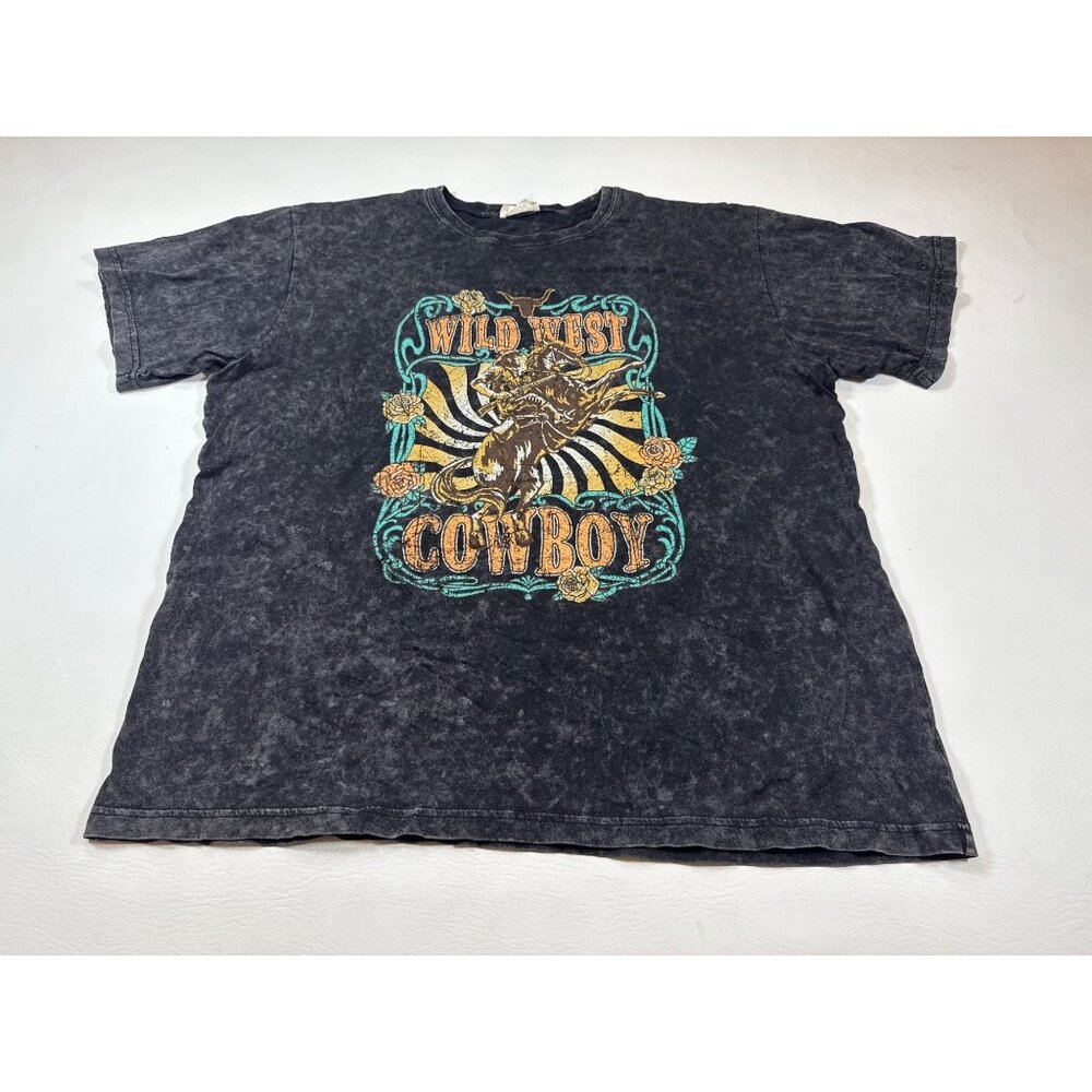Refined Canvas Wild West Cowboy Graphic T-Shirt Acid Wash Black Size L (HH292)